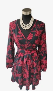 Uguest Dress S Red Black Fit Flare Layered Ruffle V Neck Belted Women's Mini 2 4 - Picture 1 of 5