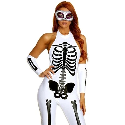 Skeleton Costume Bone Print Jumpsuit Arm Sleeves White Black 557791 XS/S - Image 1 of 4