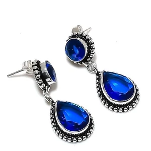 Blue Tanzanite Gemstone 925 Sterling Silver Jewelry Stud Earring Size 1.45" - Picture 1 of 1