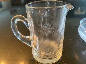 Manganese Glass- 4-5” uv reactive (395)Etched Pitcher-small knicks-great piece! - Picture 1 of 4