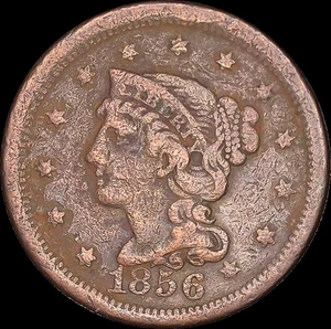 1856 1C Braided Hair Large Cent Upright 5 Ungraded Circulated BN - Picture 1 of 2