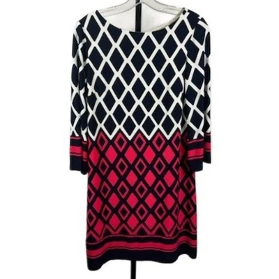 Eliza J Women's Size 10 Navy White Red Diamond Print 3/4 Sleeve Zipper Dress - Image 1 of 4