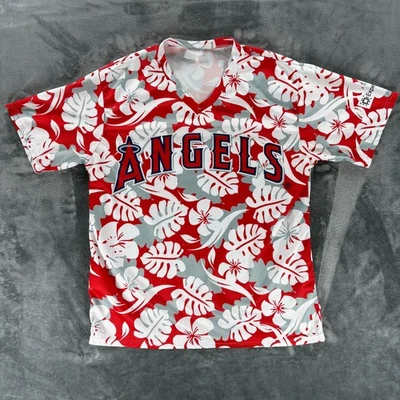 Angels Baseball Jersey Men L/XL Red White Floral Aloha Shirt Hawaiian V-Neck - Image 1 of 4