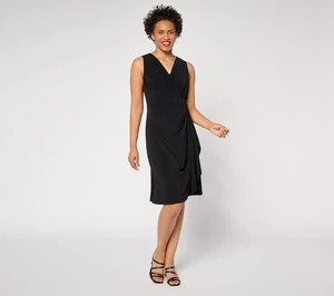 Susan Graver Lquid Knit Faux Wrap Cascade Dress-Black-Tall 2X-A685199 QVC $63 - Picture 1 of 2