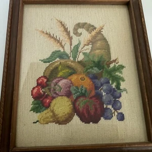 Vintage Needlepoint Cornucopia Fruit Basket Framed Art Stitch Work 17X14 - Picture 1 of 5