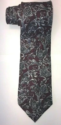 NOS Henry Grethel 勃艮第带银色卷轴图案丝绸领带 - 56 英寸长 — 第 1/3 张图片