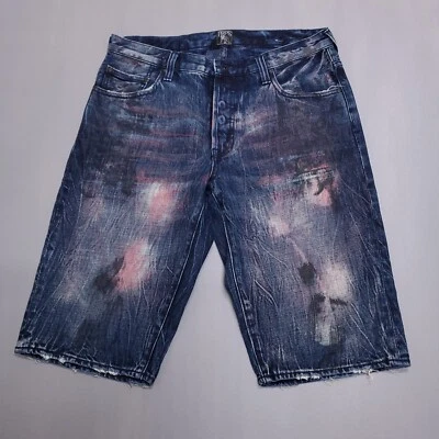 Pantalones Cortos PRPS Para Hombre Talla 32x13 Azul Rojo Negro Pintura Salpicaduras Denim Jeans Botón Mosca Foto 1 de 4