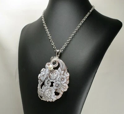 CATENA E CIONDOLO IN ARGENTO 925 CON CAMMEO FIORI ZIRCONI E PERLE AGDV 0176 - Immagine 1 di 3