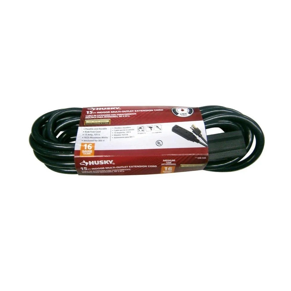 15 Foot Indoor Multi-Outlet Extension Cord - Husky Brand - Black - 16 Gauge -NEW - Image 1 of 1