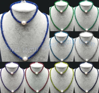 2x4mm Faceted Gemstone Rondelle Beads 8-9mm White Pearl Necklace Bracelet Set - Image 1 of 4
