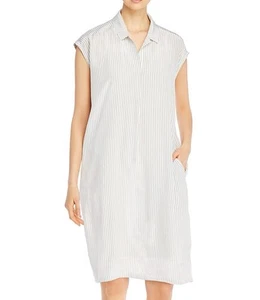 $398 Eileen Fisher Silk Striped Shirt Dress Sleeveless Classic Collar Size Large - Picture 1 of 7