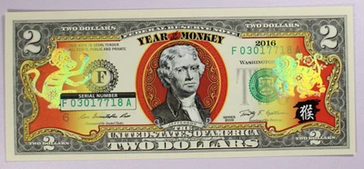 2016 Chinese Zodiac Year of the monkey Federal Reserve Note $2 Bill Lucky Money - Image 1 of 2