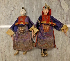 Chinese Opera Dolls Male and Female Antique Ornate Embroidered Wooden Feet 11" - Picture 1 of 24