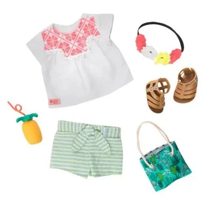 Conjunto de Pantalones Cortos Tropicales Our Generation (Top/Shorts/Bolso/Cinta para la Cabeza/Bebida) Nuevo sin caja Foto 1 de 4