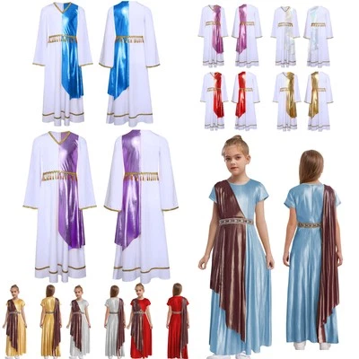 Kids Girls Greek Princess Dress Shiny Bell Long Sleeve Maxi Gown Ancient Theme - Image 1 of 4