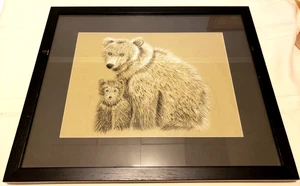 Charcoal Drawing Black Bear Mother with Cub Baby signed, professionally framed - Picture 1 of 6