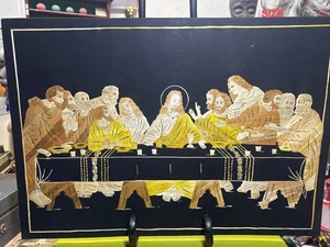 Vintage Rattan auf Stoff Abendmahl Kunst 19,5”x14” - Bild 1 von 8