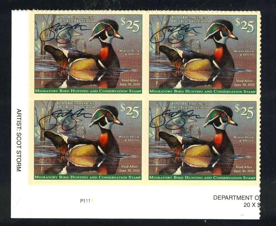 L/S RW86 US Migratory Bird Hunting Wood Duck MNH Plate Block of 4 Artist Signed - Image 1 of 1