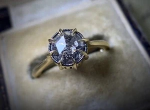 Bespoke Salt and Pepper Rose Cut Diamond Engagement Ring 14k Gold - Picture 1 of 3