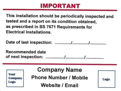 100 Electrical Personalised Periodic Test Labels & Two Full Colour Logos