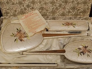 Vintage Delina 4 Piece Floral Vanity Dressing Table Brush & Mirror Set - Boxed - Picture 1 of 14