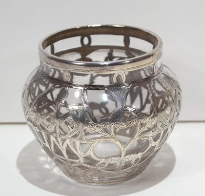 Vaso de vidro transparente americano e prata esterlina sobreposição armário Art Nouveau - Imagem 1 de 4