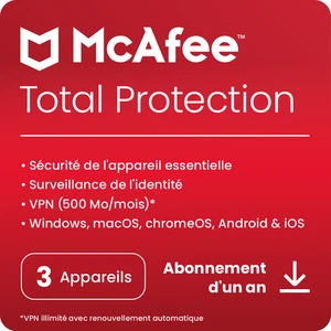 McAfee Total Protection 2025 | 3 apparails | 1 an | Licence envoyée par mail - Zdjęcie 1 z 1