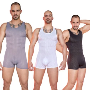 Mens One-piece Stripe High Stretch Bodysuit Wrestling Singlet Boxers Gym Leotard - Picture 1 of 44