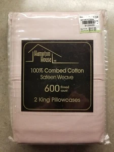 NEW $44 Hampton House - 2 King Pillow Cases 600 TC Lt. Pink 100% Cotton Sateen - Picture 1 of 3