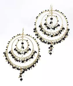 EXQUISITE Black Onyx Crystals Gold Triple Circle Rings Chandelier Earrings - Picture 1 of 5