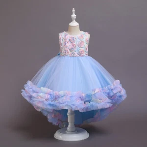 Kid Girls Colorful Flower Tutu Dress Tulle Trailing Dress Floor Length Gown - Picture 1 of 22