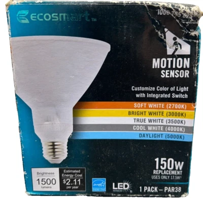 EcoSmart 150W Equiv PAR38 DimmableLED Motion Sense Light Bulb w Selectable Color - Image 1 of 3