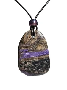 Charoite Unisex Pendant Necklace 37mm Black Leather Cord Stainless Steel Clasp - Picture 1 of 9