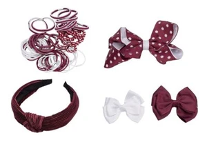 4-Pack Kid's School Uniform Hair Bow Clips Ponytail Holders Burgundy White - Picture 1 of 6