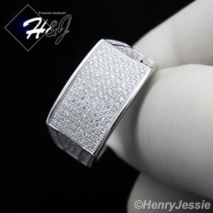 MEN SOLID 925 STERLING SILVER ICY BLING CZ SILVER RECTANGLE RING*SR1