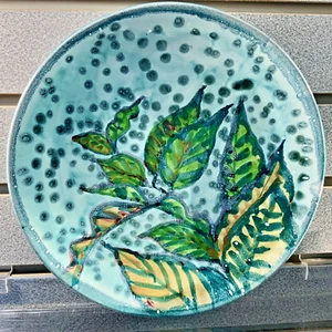🙂 Studio Kunst Keramik glasiert grün Aqua Blatt Teller 🙂 Handarbeit Künstler signiert 🙂 - Bild 1 von 6