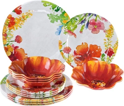 UPware Juegos de Vajilla de Melamina Floral de 12 Piezas, Juego de Platos de Exterior, Platos y  Foto 1 de 4