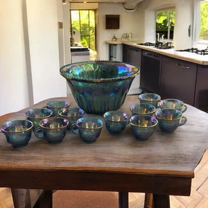 VINTAGE INDIANA GLAS IRISIEREND BLAU ERNTE KARNEVAL GLAS PUNSCHSCHALE SET - Bild 1 von 11