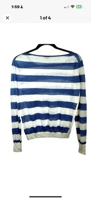 THEORY 白色蓝色航海条纹浅亚麻粘纤船领毛衣 M — 第 1/4 张图片