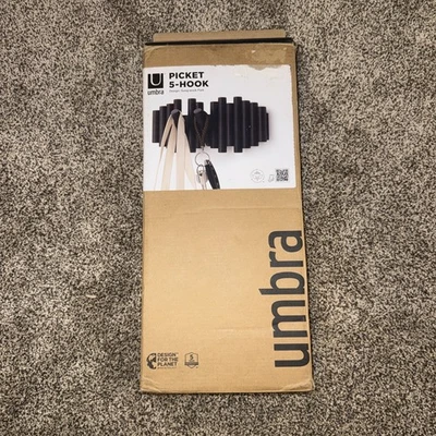 Umbra Picket Wall-Mounted Modern Coat Rack Rail Hook w/ 5 Retractable Wood Pegs - Image 1 of 3