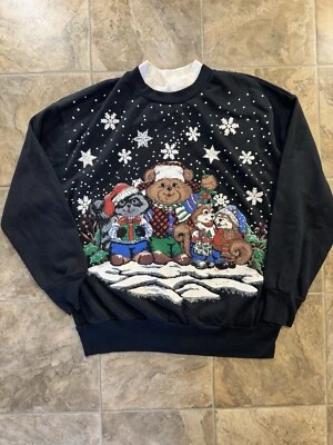 Suéter Vintage Cascanueces Navidad Animales Nieve Papá Noel Mediano 22x26 Mapache Foto 1 de 4