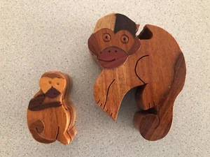 Vintage Monkey Puzzle Boxes Trinket X2 Jewelry Felt Lined Carved Wooden 80s - Picture 1 of 15