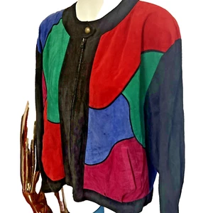 Suede Bomber Jacket Colour Block Woman Size Large Beged Or Lined Vintage 80s VGC - Picture 1 of 19