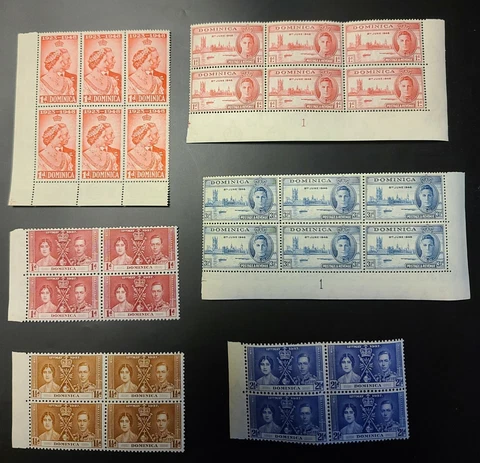 DOMINICA 1937 CORONATION CORNER BLOCK SET 1946 PEACE ISSUE COR BLK SET PLATE 1 Cover