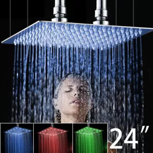 Soffione Doccia LED 24" Quadrato Ultra Sottile Acciaio Inox Rubinetto Cromato a Pioggia - Foto 1 di 6