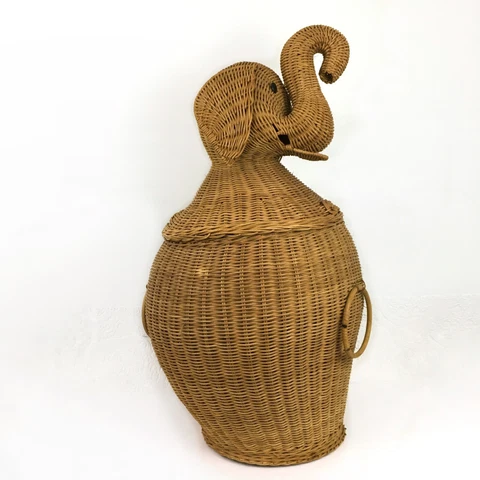 Vintage 60s elephant shaped wicker xl storage basket with lid natural neutral Cover