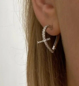 Mother's Day Gift Lovely Heart Hoop Earring Lab Grown Diamond Real 925 Silver - Picture 1 of 6