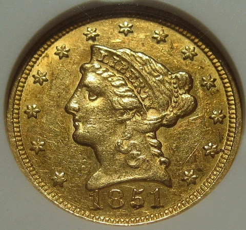 = 1851 AU50 ANACS $2.50 Liberty Gold Piece, Small Holder, FREE Shipping Cover