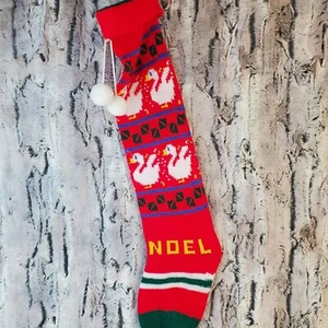 Vintage Knit Merry Red Christmas Stocking Sock Noel White Swans Ducks - 24" Long - Imagen 1 de 6