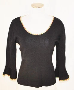 CHIC BoHo Negro Ajustado Elastizado 3/4 Mangas Campana Múltiples Bordes Suéter Camisa Top L - Imagen 1 de 5